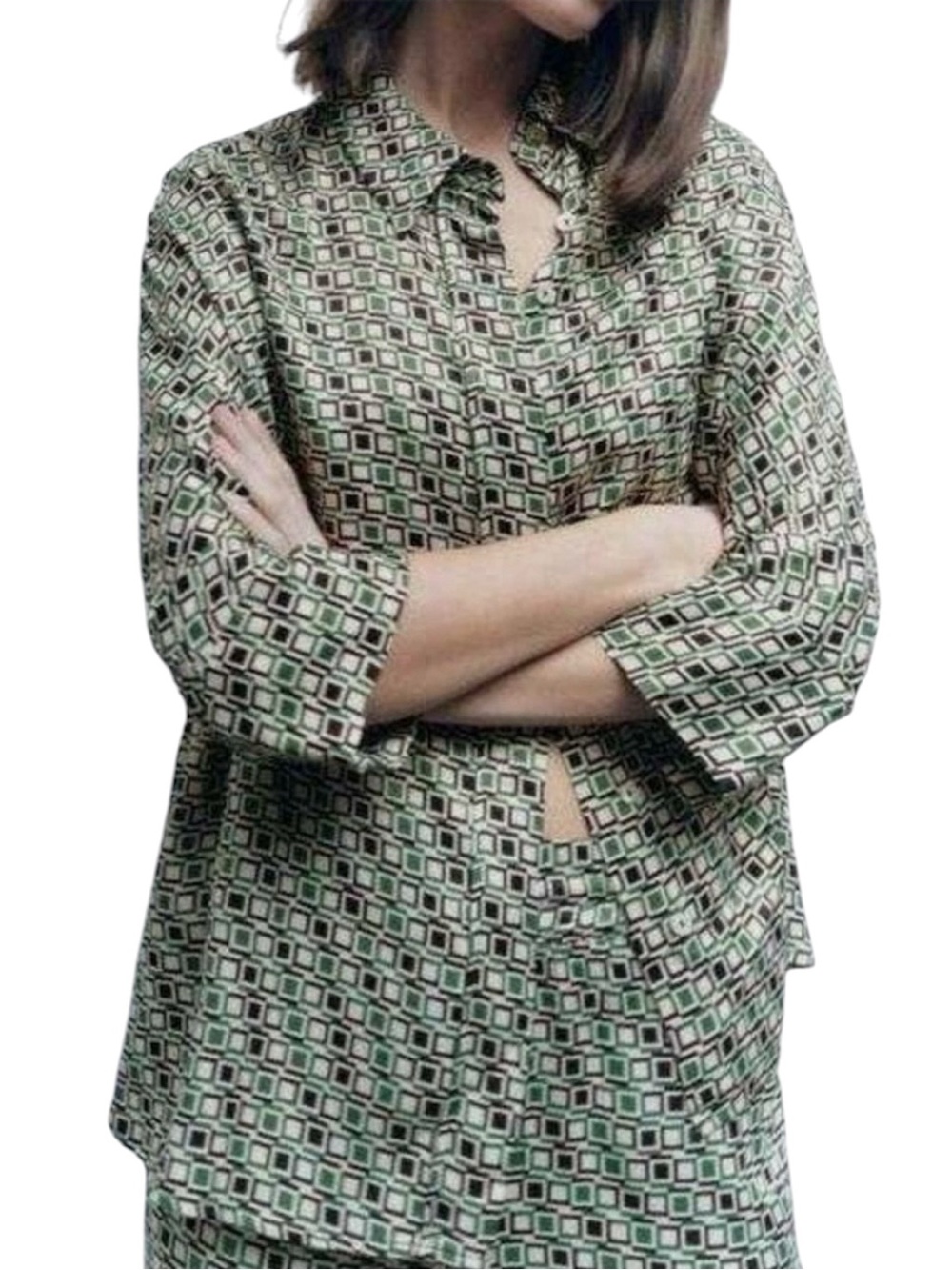 Zara  green geometric sarin effect button front blouse 3/4 sleeves size S